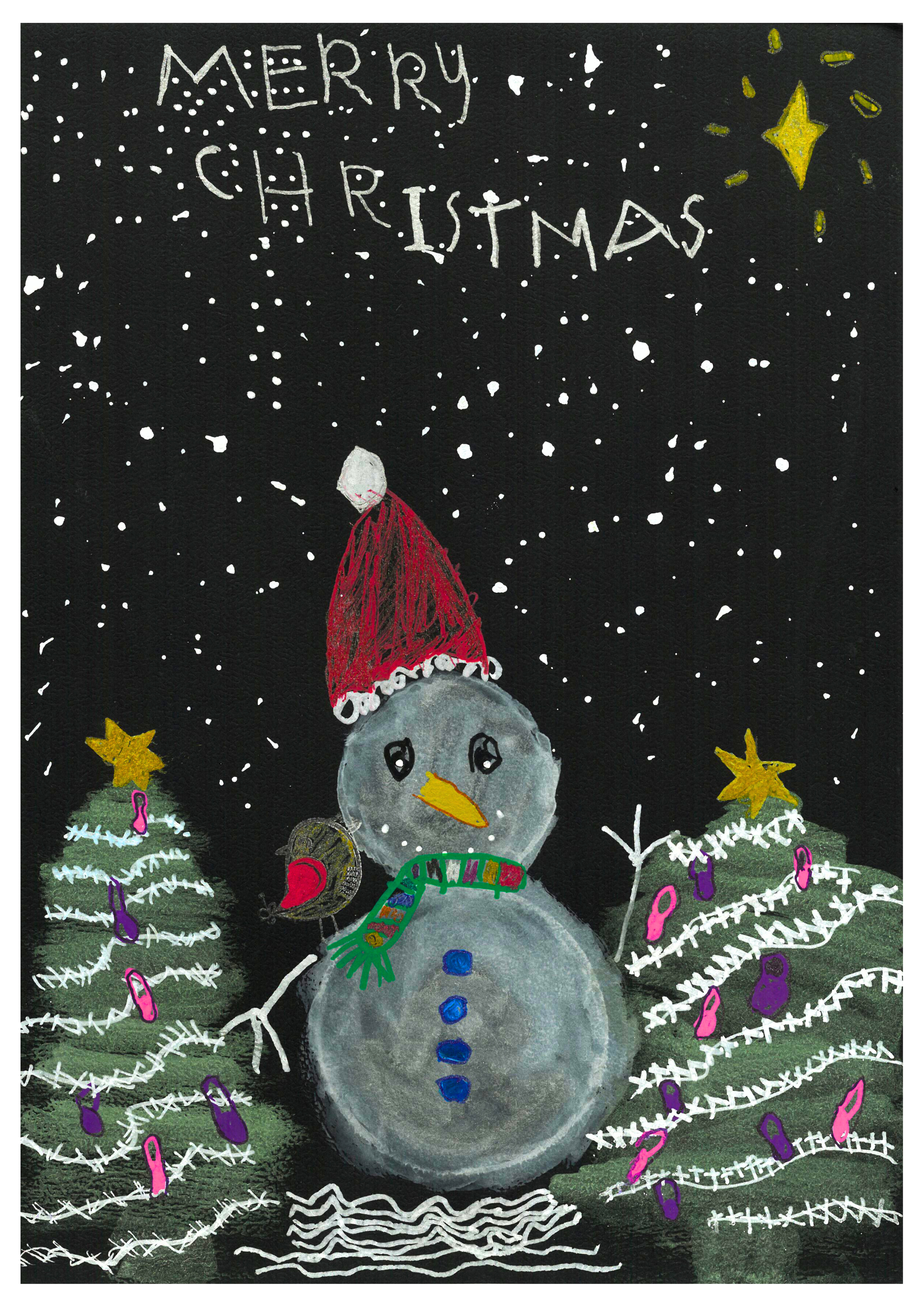 A child's drawing on black paper of a snowman flanked by two Christmas trees. The snowman wears a santa hat and multicoloured scarf and has a robin on his right shoulder. "Merry Christmas" is written at the top of the design. Snowfall is included in the design as well as a bright yellow star in the top right corner.