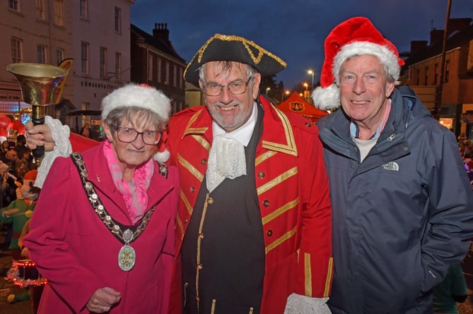 Mayor of Wellington poses with Town Crier Andrew Norris and Former BBC Presenter Clinton Rogers